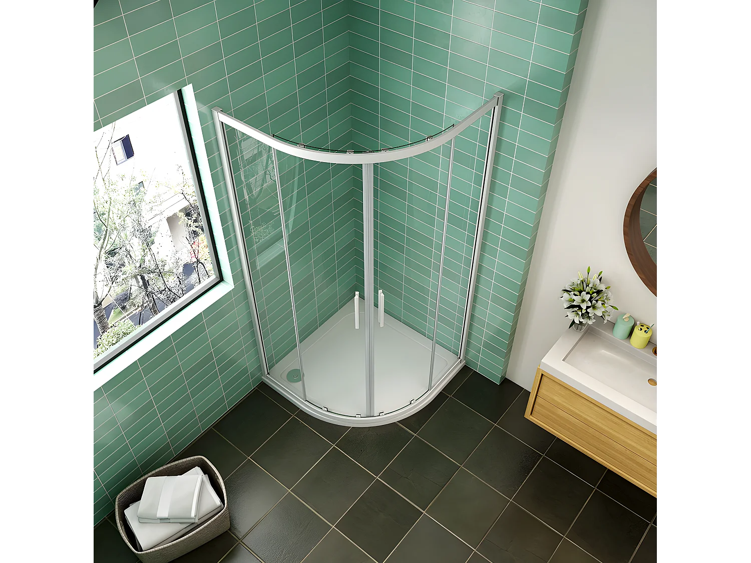 AICA Mampara de ducha curva semicircular corredera,perfil blanco,vidrio 5mm,900x900x1850mm