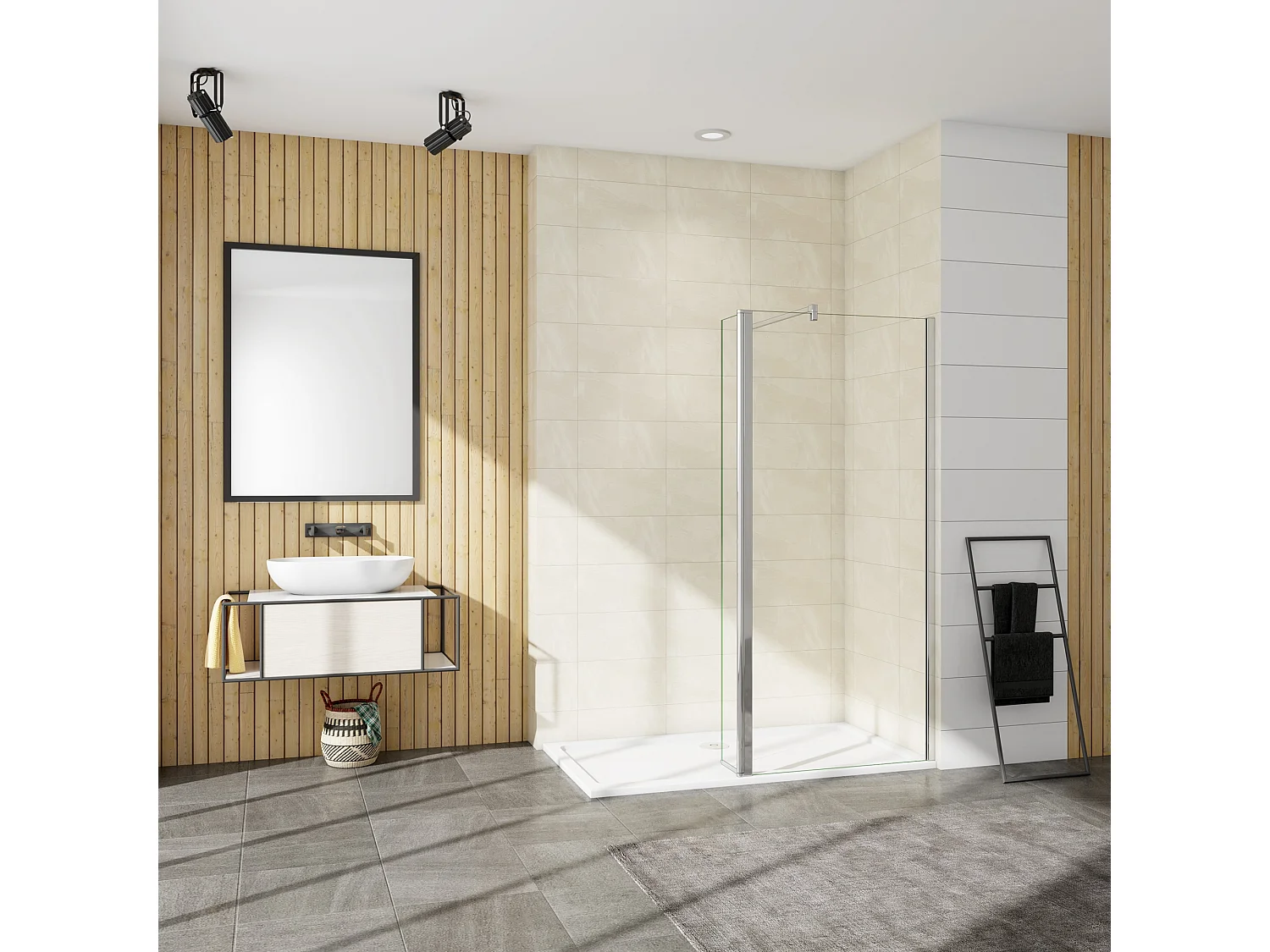 Painel de duche Movível 2 folhas um Painel fixo+um lado giratório Vidro 8mm Anti-calcário com Barra 90cm Tamanho[(133.9-135.9)+30]x200cm-AICA