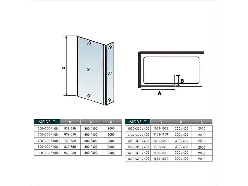 Painel de duche Movível 2 folhas um Painel fixo+um lado giratório Vidro 8mm Anti-calcário com Barra 90cm Tamanho[(133.9-135.9)+30]x200cm-AICA