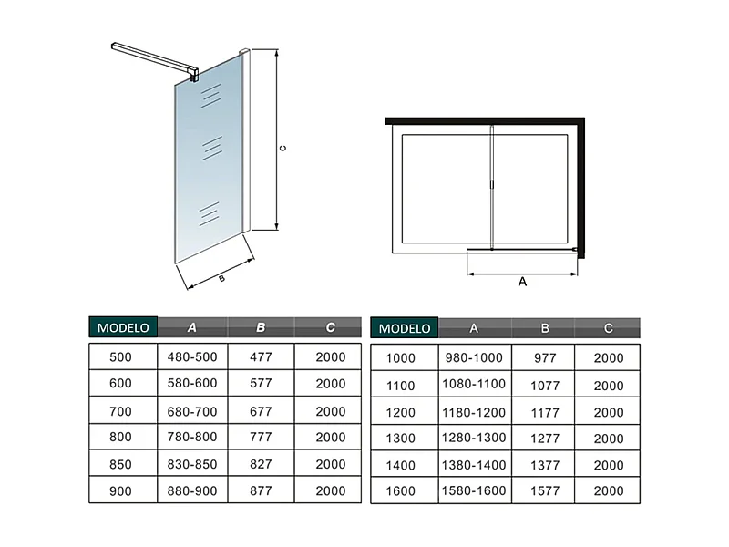 Painel de duche Fixo Vidro temperado de 8 mm com Tratamento anticalcário com uma Barra de 140cm Perfil cromado (58-60)x200cm-AICA