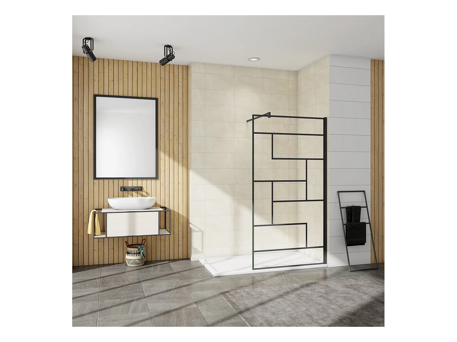 Panel de ducha serigrafiada,vidrio 8mm antical,barra 140cm,perfil negro,(118-120)x200cm