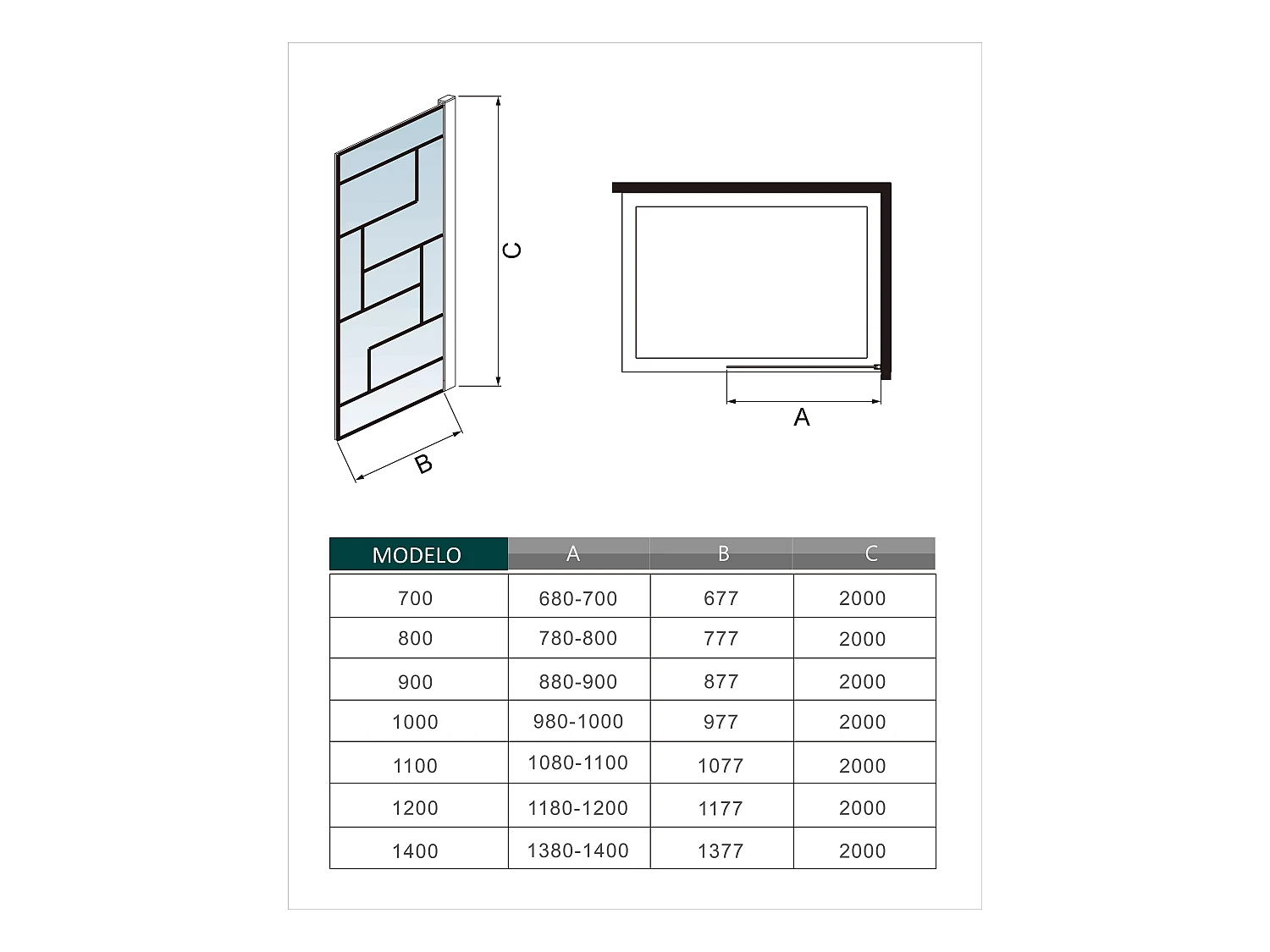 Panel de ducha serigrafiada,vidrio 8mm antical,barra 140cm,perfil negro,(118-120)x200cm