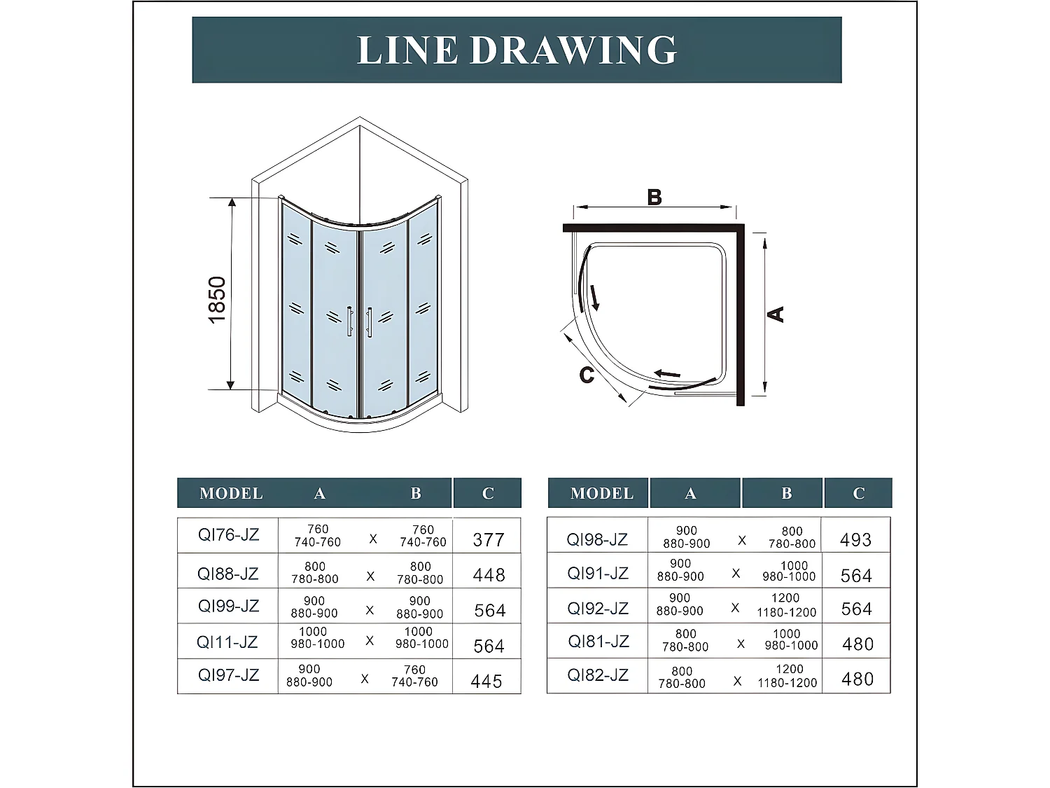Cabine de duche 1/4 círculo correr Perfil cromado Vidro Anticalcário 6mm (780-800)x(780-800)x1850mm-AICA