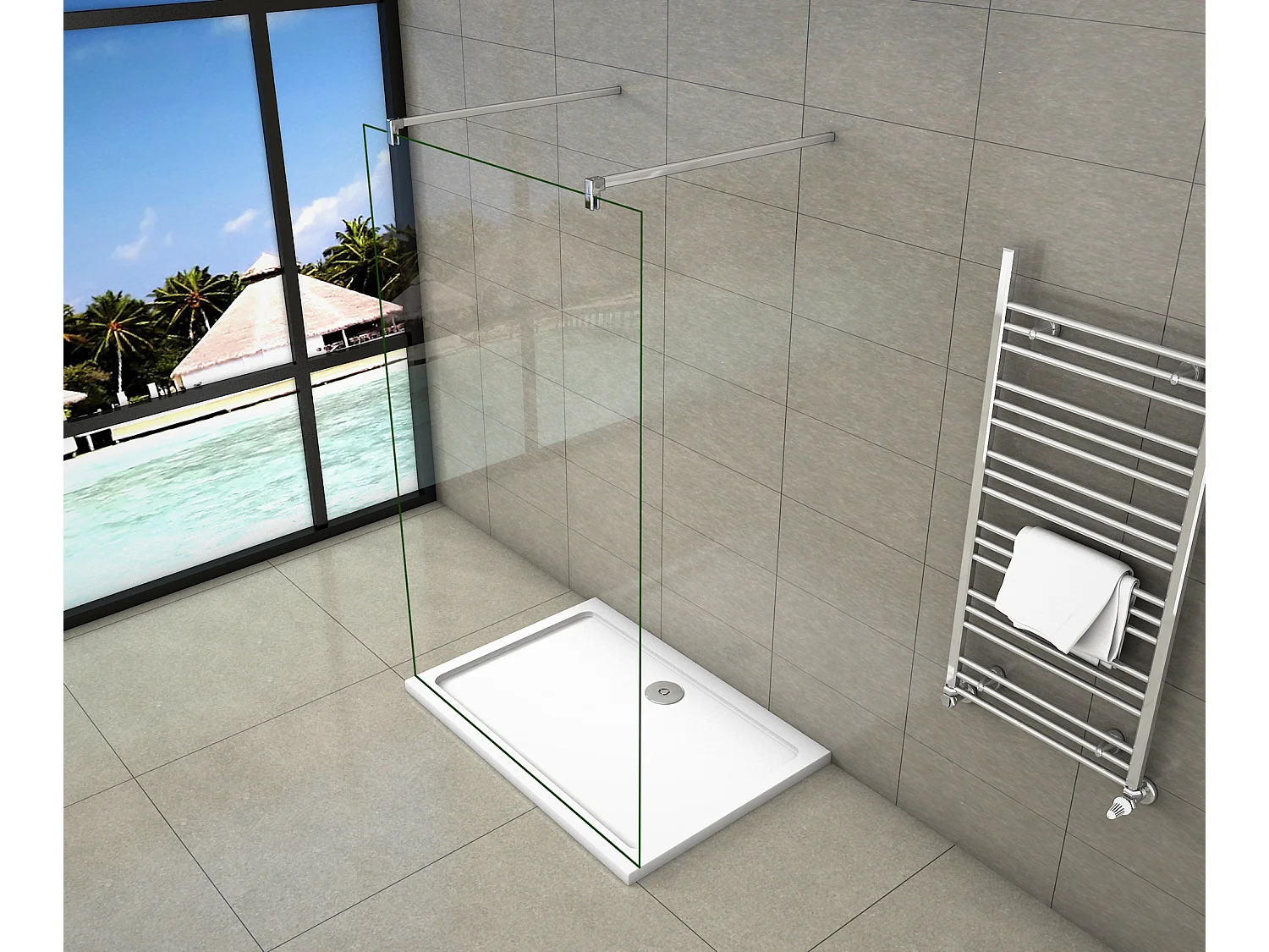 Painel de duche Fixo 1 folha Vidro 8mm com Filme de Segurança à Prova de Explosão 107x200cm com Duas barras de apoio 90cm-AICA