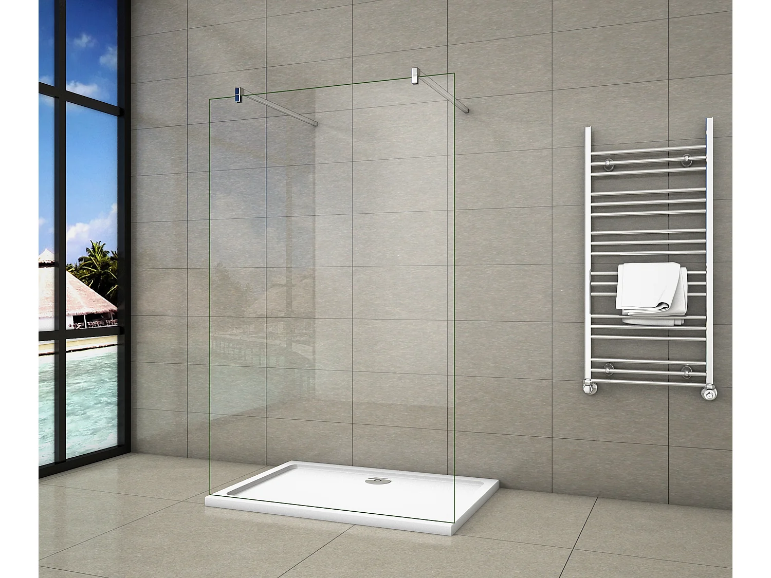 Panel de ducha vidrio 8mm con película de seguridad 87x200cm,dos barras de soporte 140cm