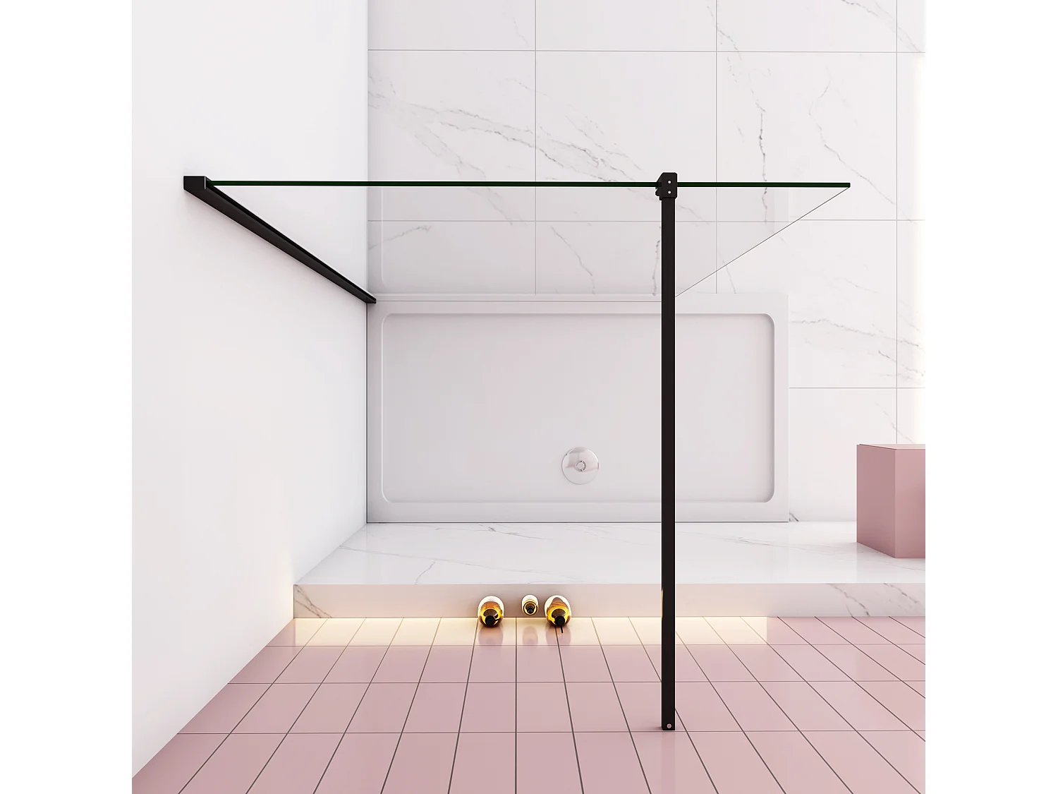 Panel de ducha con película de seguridad con barra 90cm perfil negro mate,(88-90)x200cm