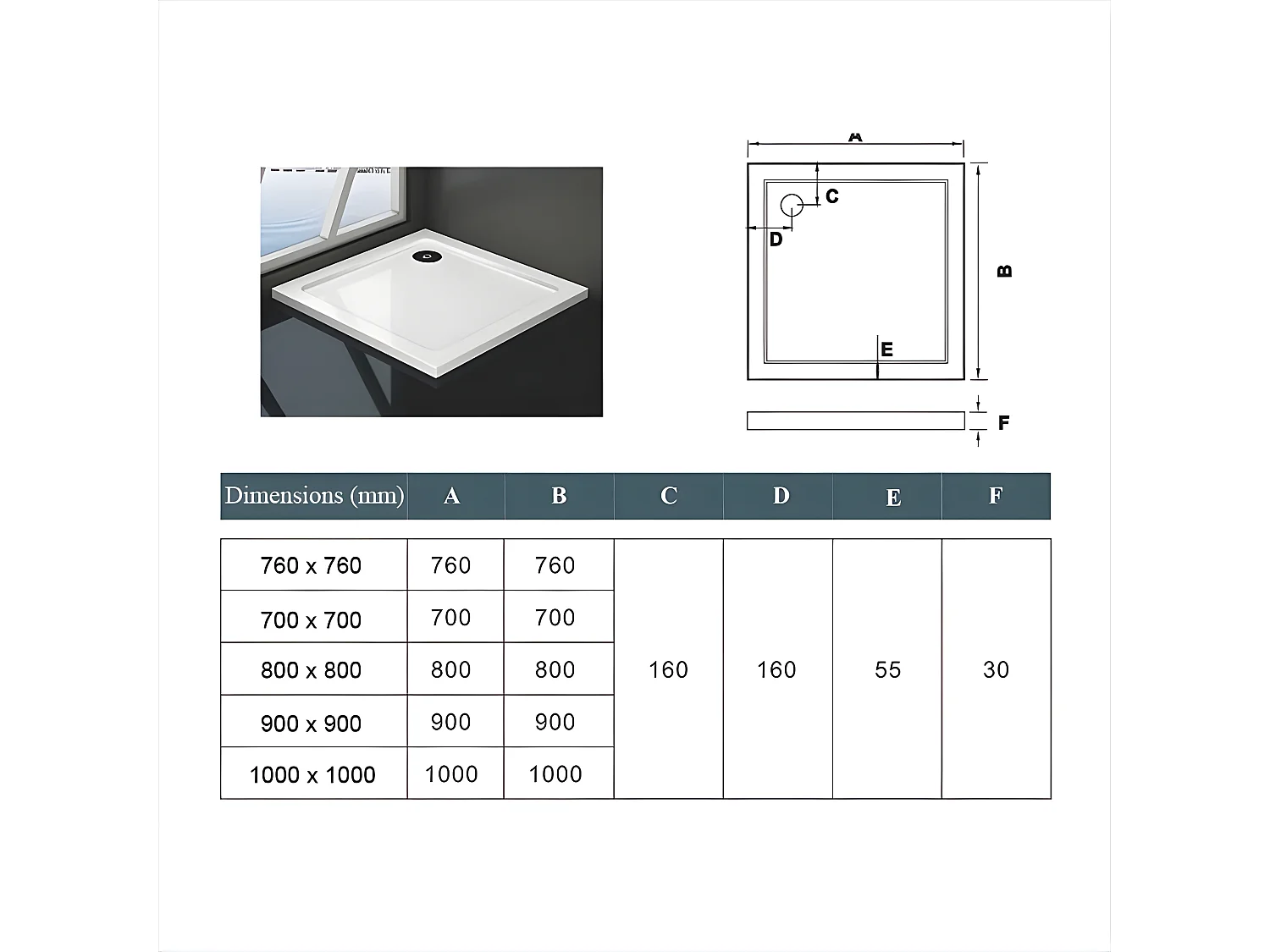 Base de duche Quadrado Branco 80x80x3cm-AICA