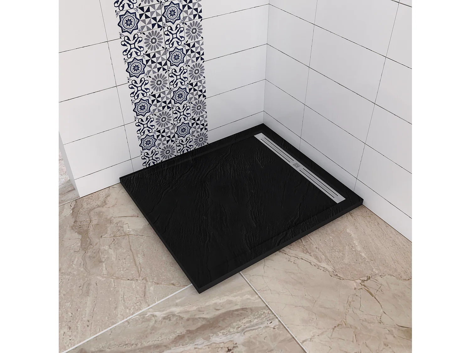 Base de duche Quadrado 100x100x3cm extra plano RESIN SLATE GEL COAT Preto,Válvula incluída,Antiderrapante-AICA