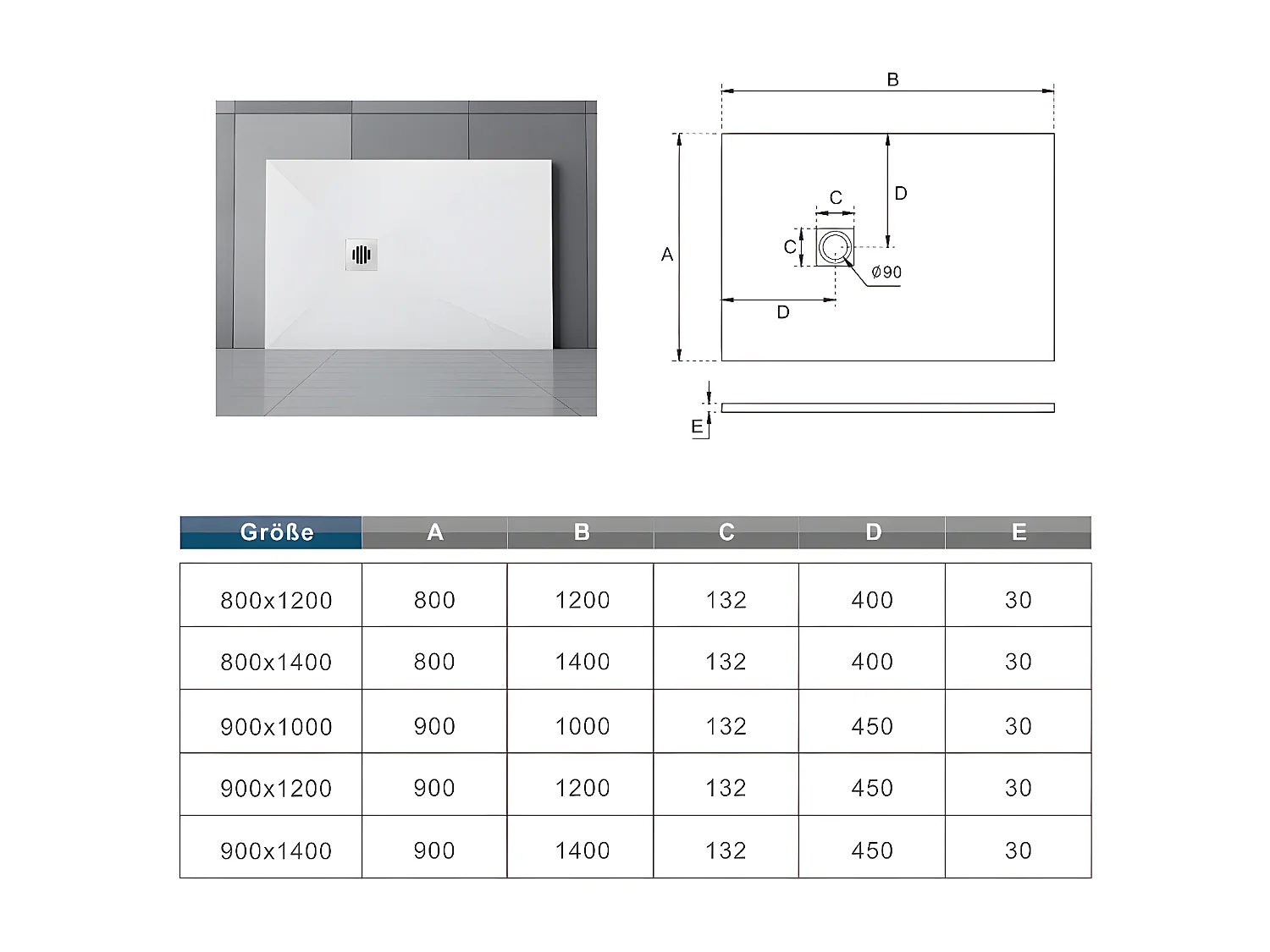 Plato de ducha rectangular 90x120x3cm blanco+desagüe con tapa plástica de forma rejilla