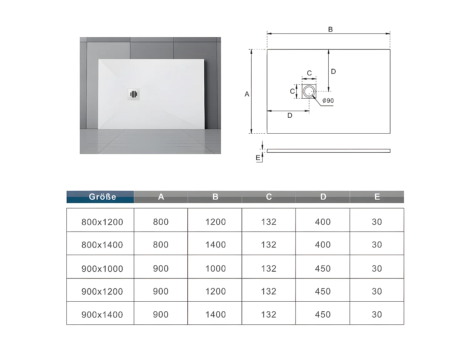 Plato de ducha rectangular 90x100x3cm blanco+desagüe con tapa plástica de forma rejilla