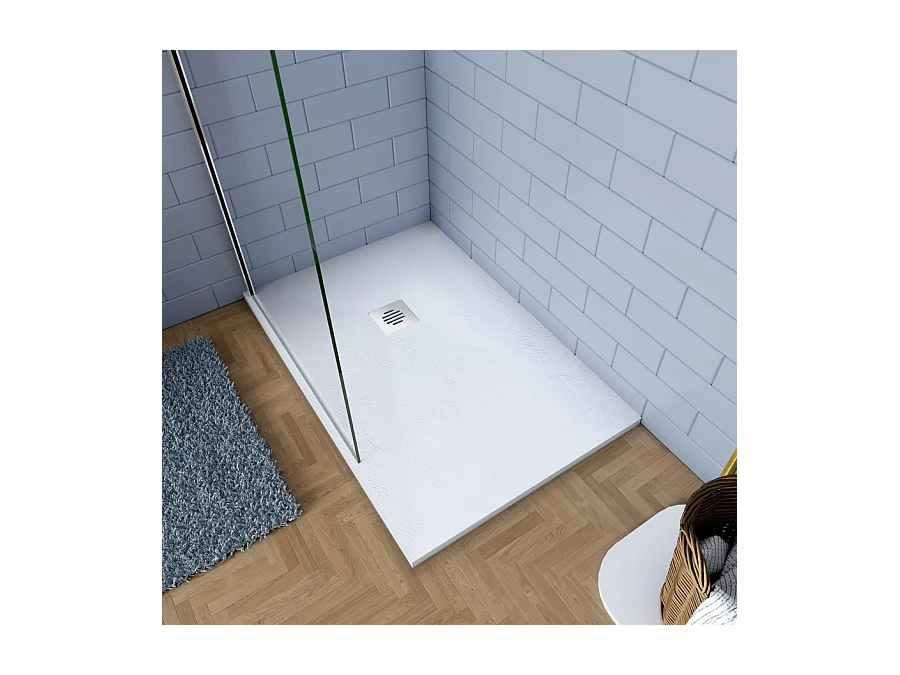 Base de duche Retangular 80x100x3cm Branco textura de ardósia+Dreno com tampa de aço inoxidável em forma de grade-AICA