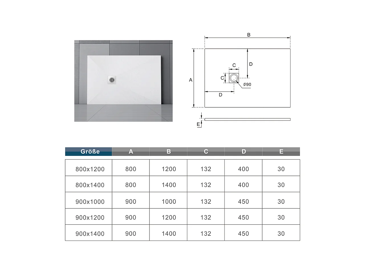 Base de duche Retangular 80x100x3cm Branco textura de ardósia+Dreno com tampa de aço inoxidável em forma de grade-AICA