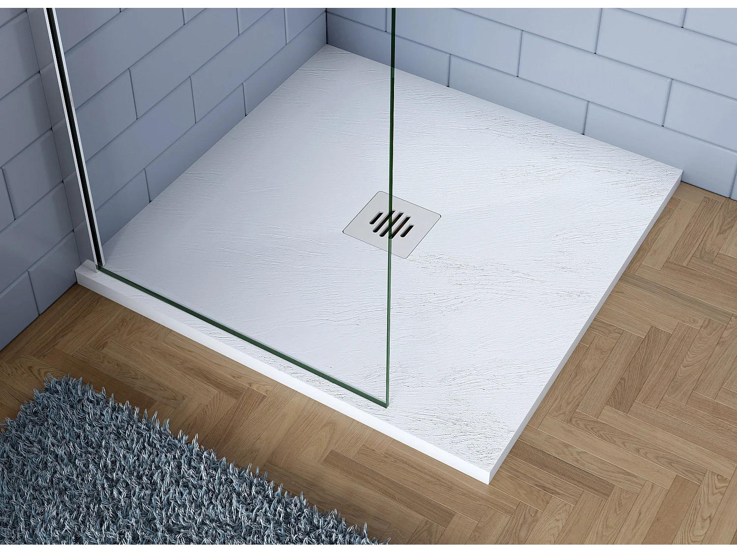 Base de duche Quadrado 90x90x3cm Branco textura de ardósia+Dreno com tampa de aço inoxidável em forma de grade-AICA