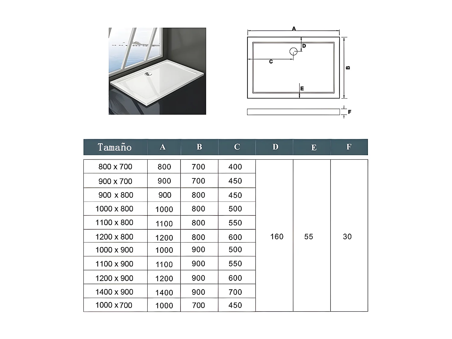 Base de duche Retangular Branco 100x80x3cm-AICA
