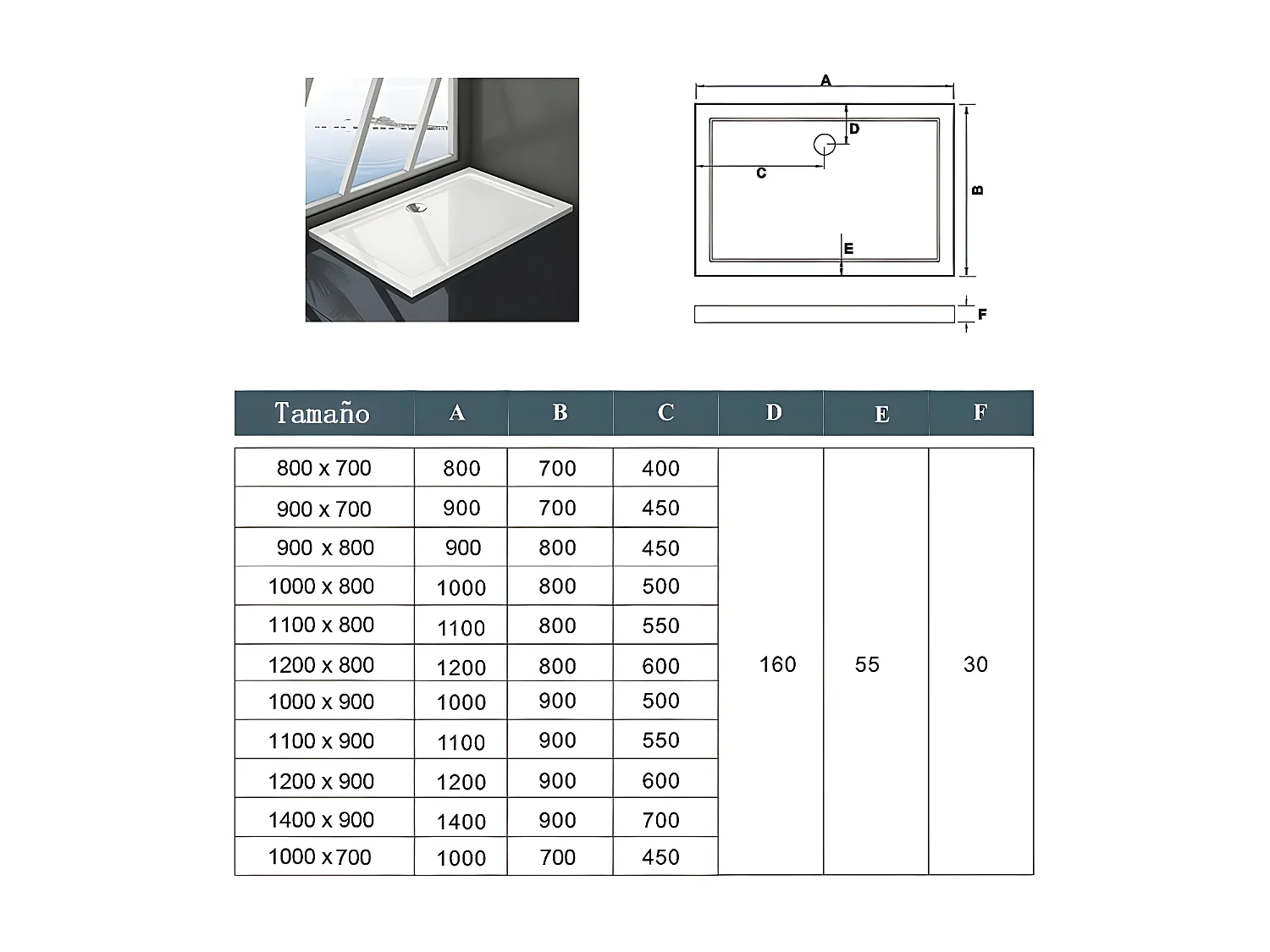 Base de duche Retangular Branco 100x80x3cm-AICA