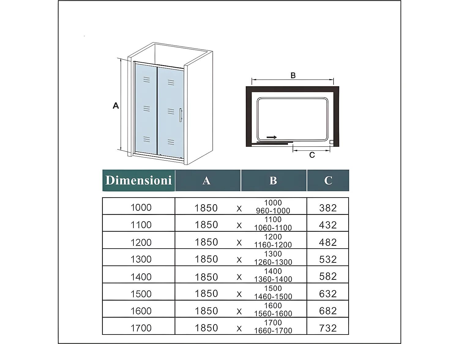 Mampara de ducha frontal corredera vidrio templado 5mm transparente,(1560-1600)x1850mm