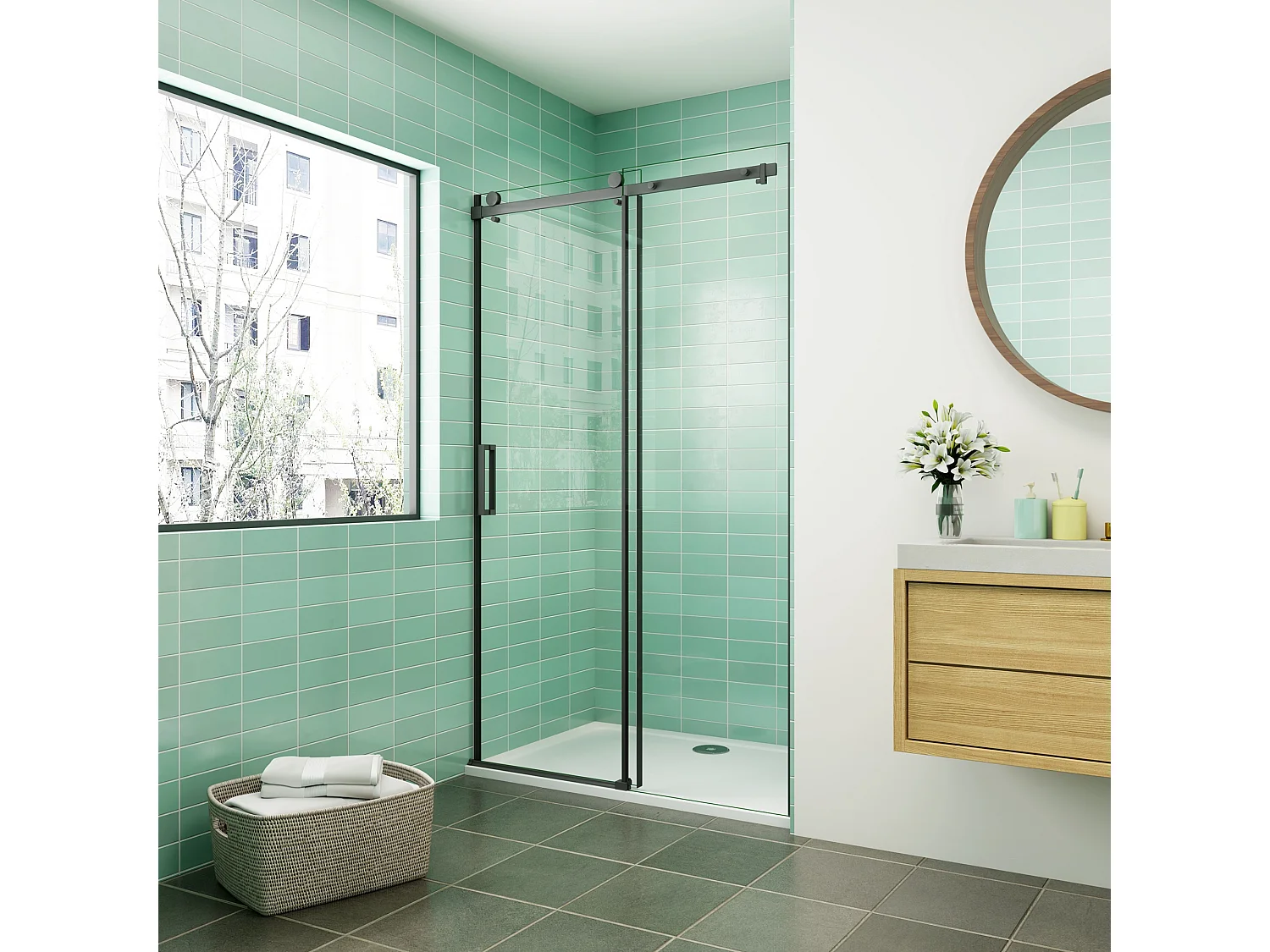 Porta de duche correr frontal Perfil preto mate Vidro temperado 8mm com tratamento anti-calcário (1160-1200)x2000mm-AICA