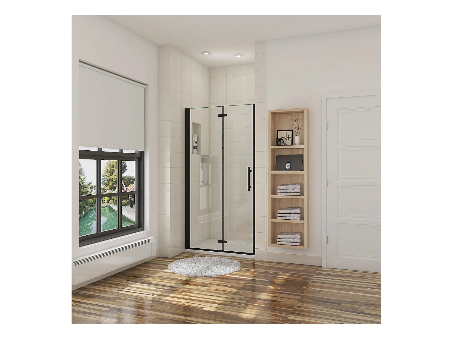 Porta de duche dois folhas rebatíveis Vidro temperado Easyclean de 5mm com perfil preto mate Tamanho:(986-1016)x1900mm-AICA