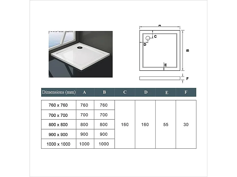 Cabine de duche quadrada Fole 6mm Anticalcário Tamanho:(880-900)x(880-900)x1850mm + Base de duche 90x90x3cm + Acessórios de drenagem-AICA