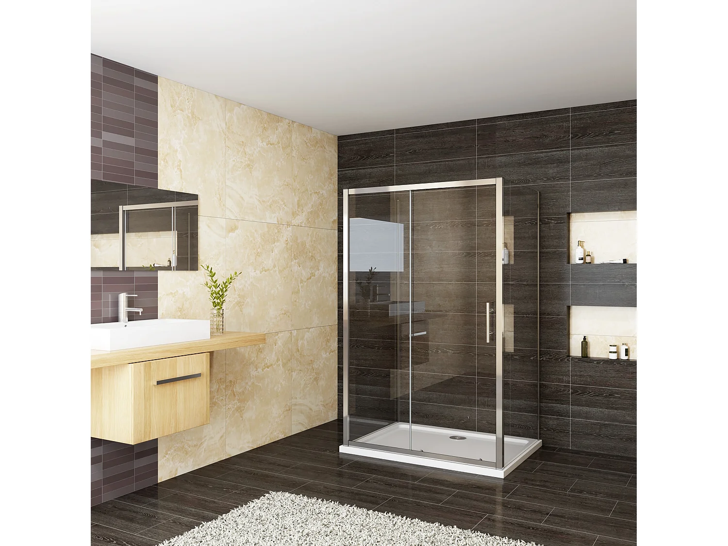 AICA Mampara de ducha corredera+dos paneles laterales,vidrio 5mm,(1063-1103)x(780-800)x1850mm