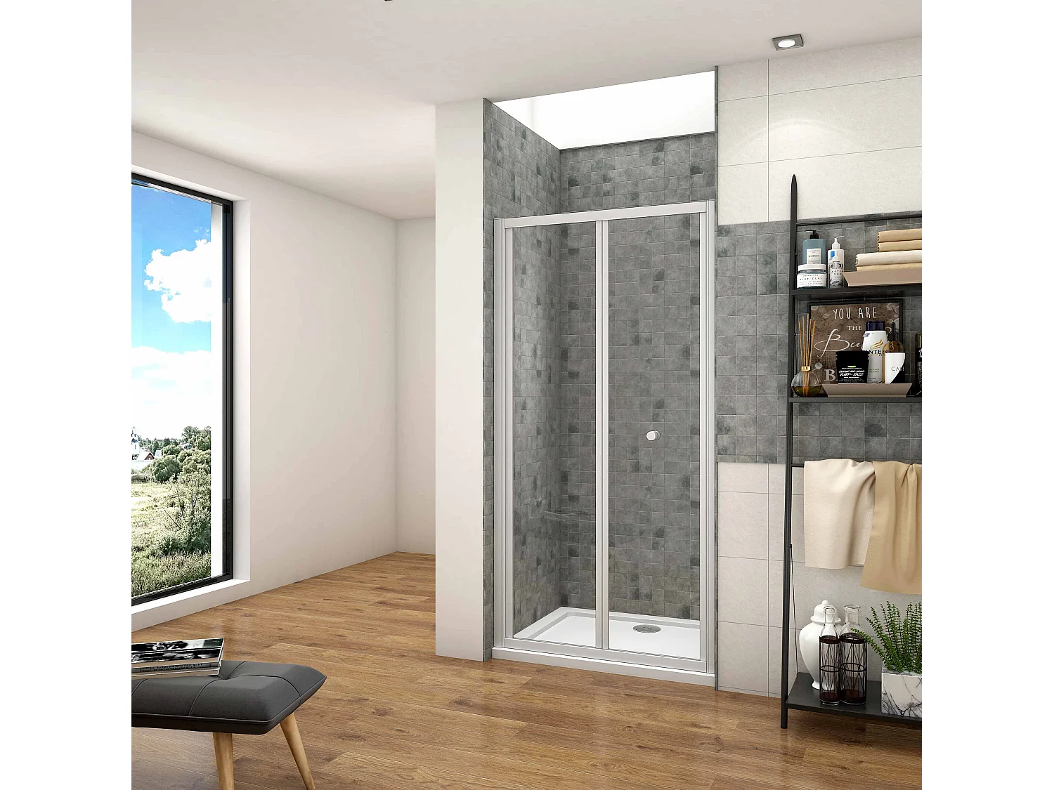 AICA Mampara de ducha frontal plegable perfil blanco/gris mate vidrio 5mm (760-800)x1850mm