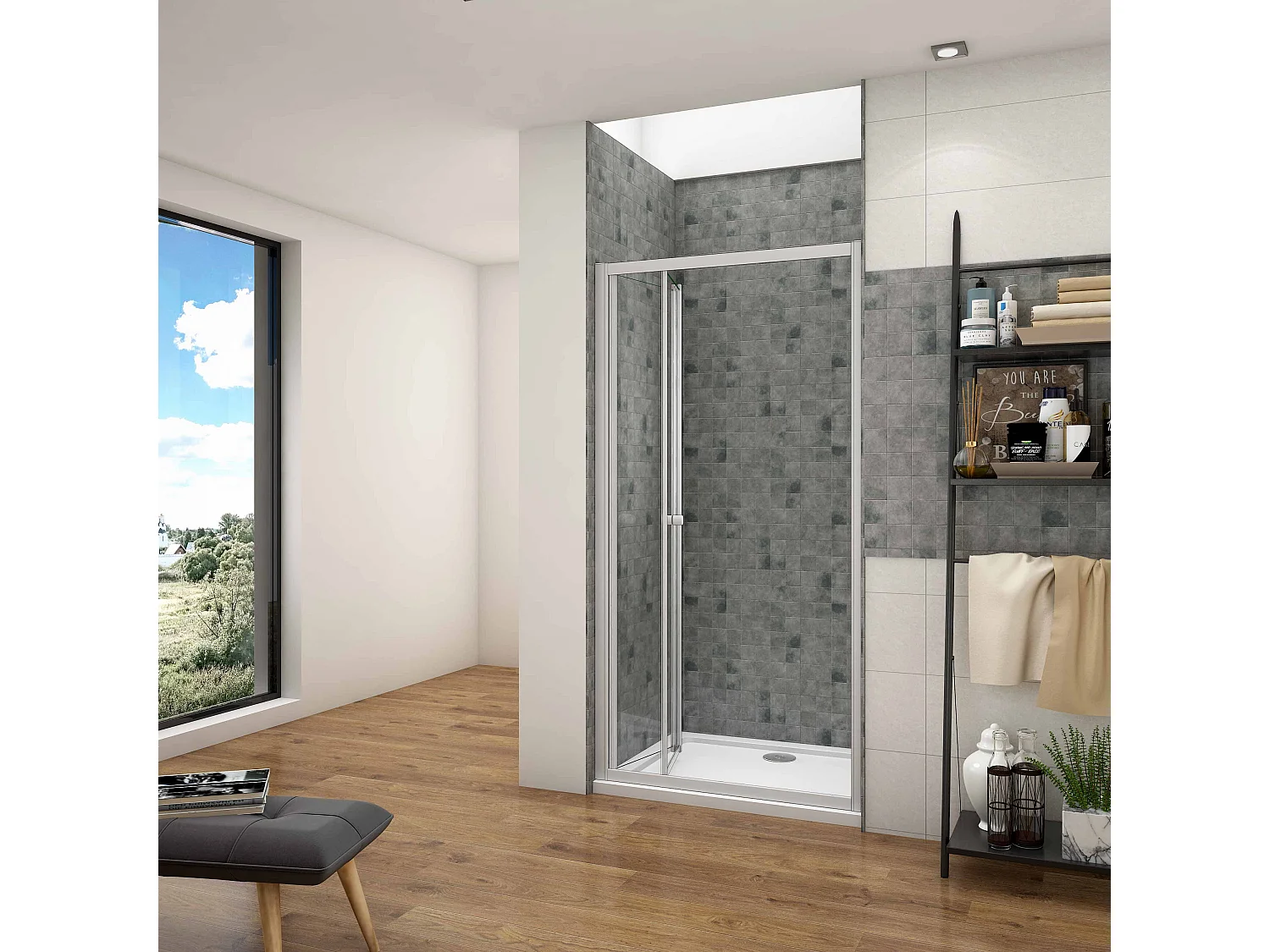 AICA Mampara de ducha frontal plegable perfil blanco/gris mate vidrio 5mm (760-800)x1850mm