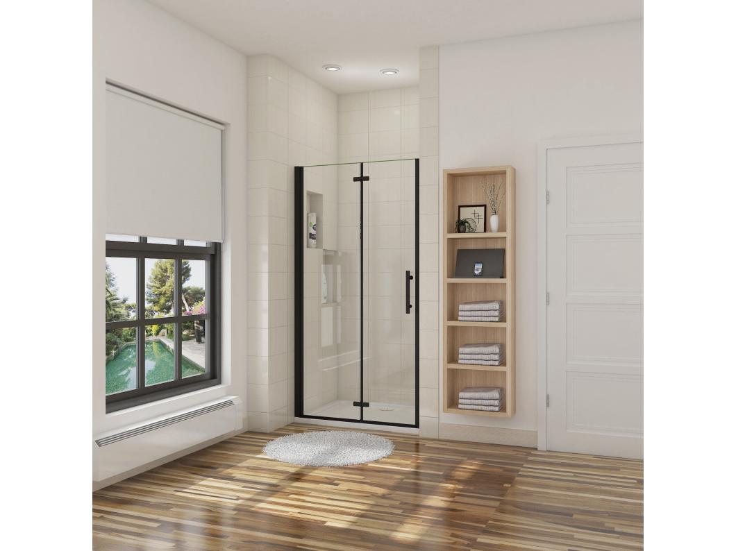Porta de duche dois folhas rebatíveis Vidro temperado Easyclean de 5mm com perfil preto mate Tamanho:(686-716)x1900mm-AICA