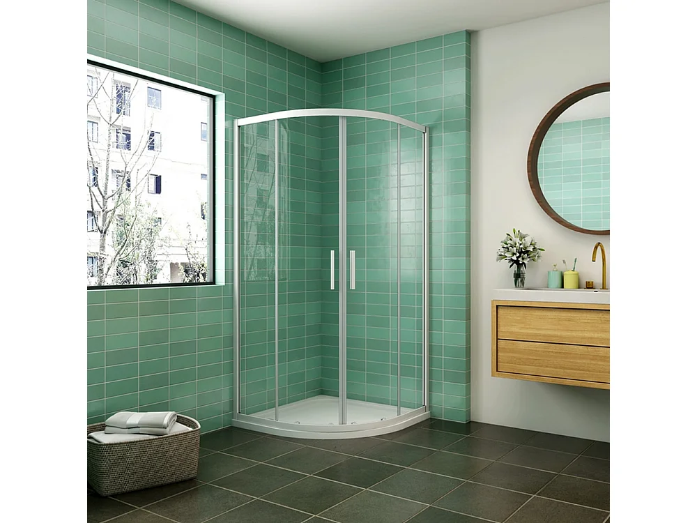 Cabine de duche 1/4 círculo correr Perfil cinza fosco Vidro 5mm (780-800)x(780-800)x1850mm+Base de duche 80x80x3cm Antideslizante+Ralo-AICA