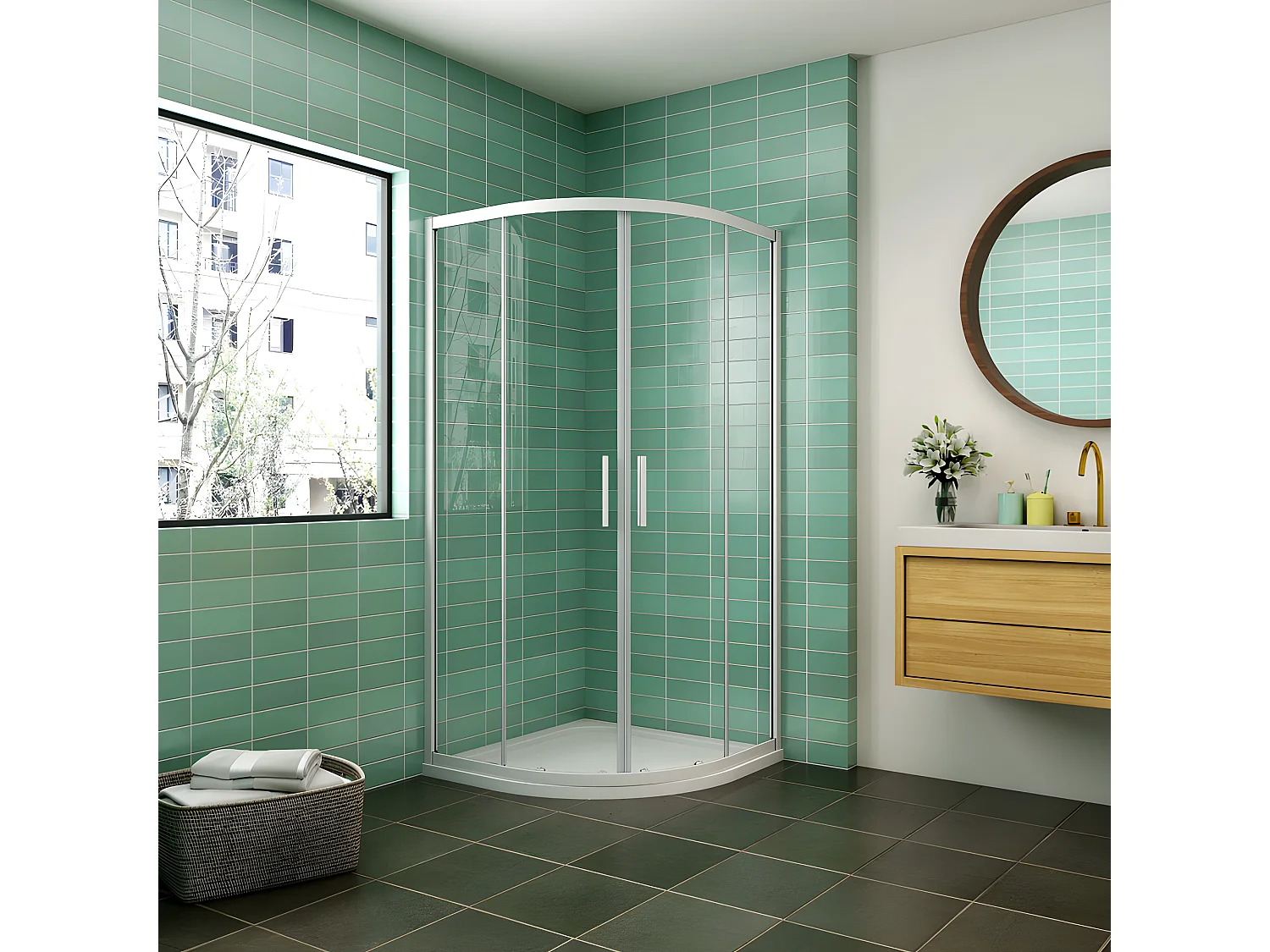 Cabine de duche 1/4 círculo correr Perfil cinza fosco Vidro temperado 5mm (780-800)x(780-800)x1850mm-AICA