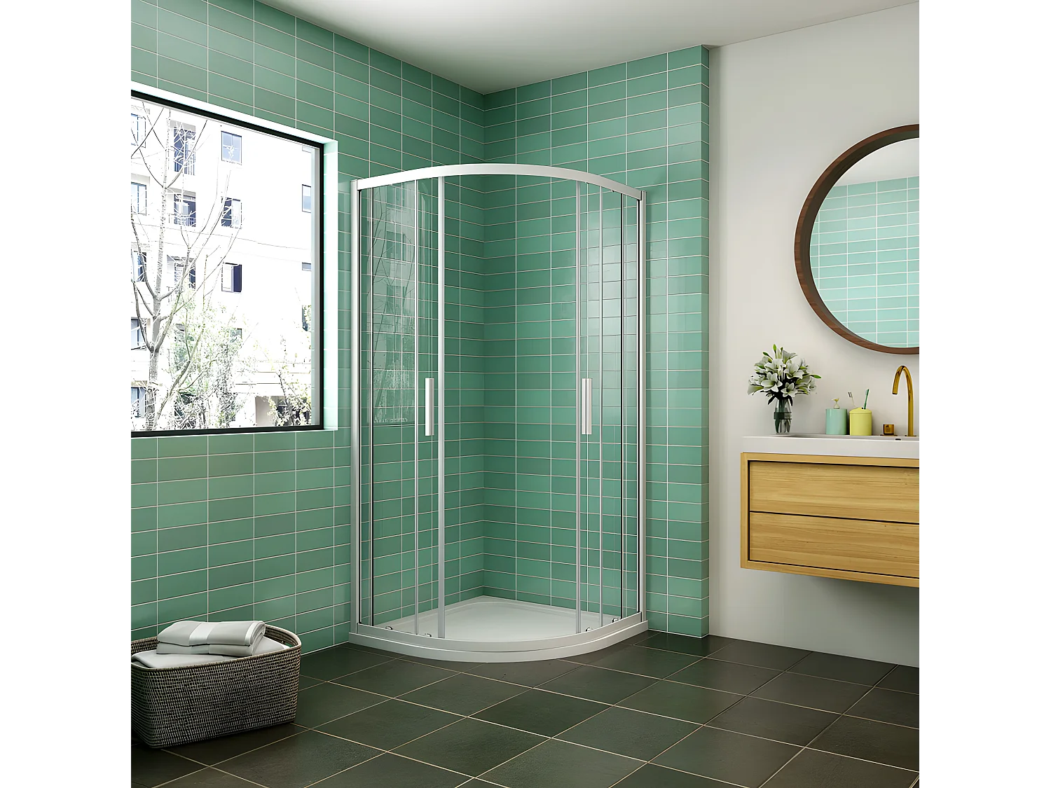 Cabine de duche 1/4 círculo correr Perfil cinza fosco Vidro temperado 5mm (780-800)x(780-800)x1850mm-AICA