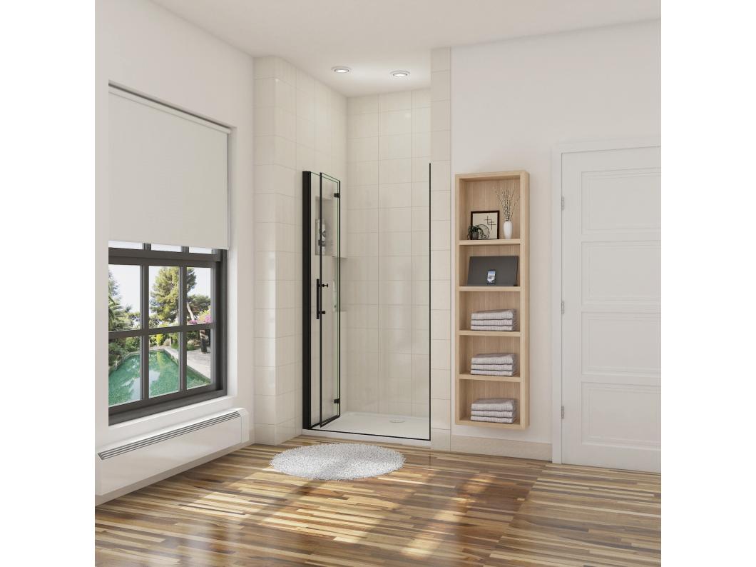 Porta de duche dois folhas rebatíveis Vidro temperado Easyclean de 5mm com perfil preto mate Tamanho:(886-916)x1900mm-AICA