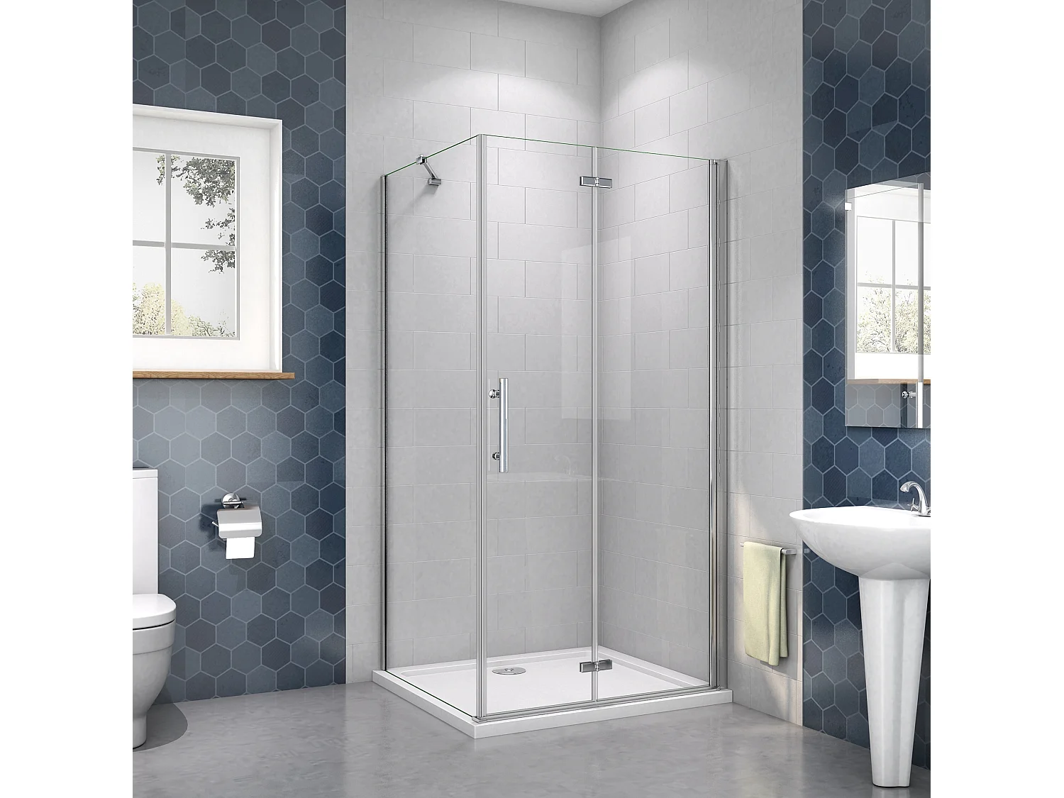 AICA Mampara de ducha plegable+panel lateral,barra 45cm,cromado,vidrio antical 6mm,76x70x185cm