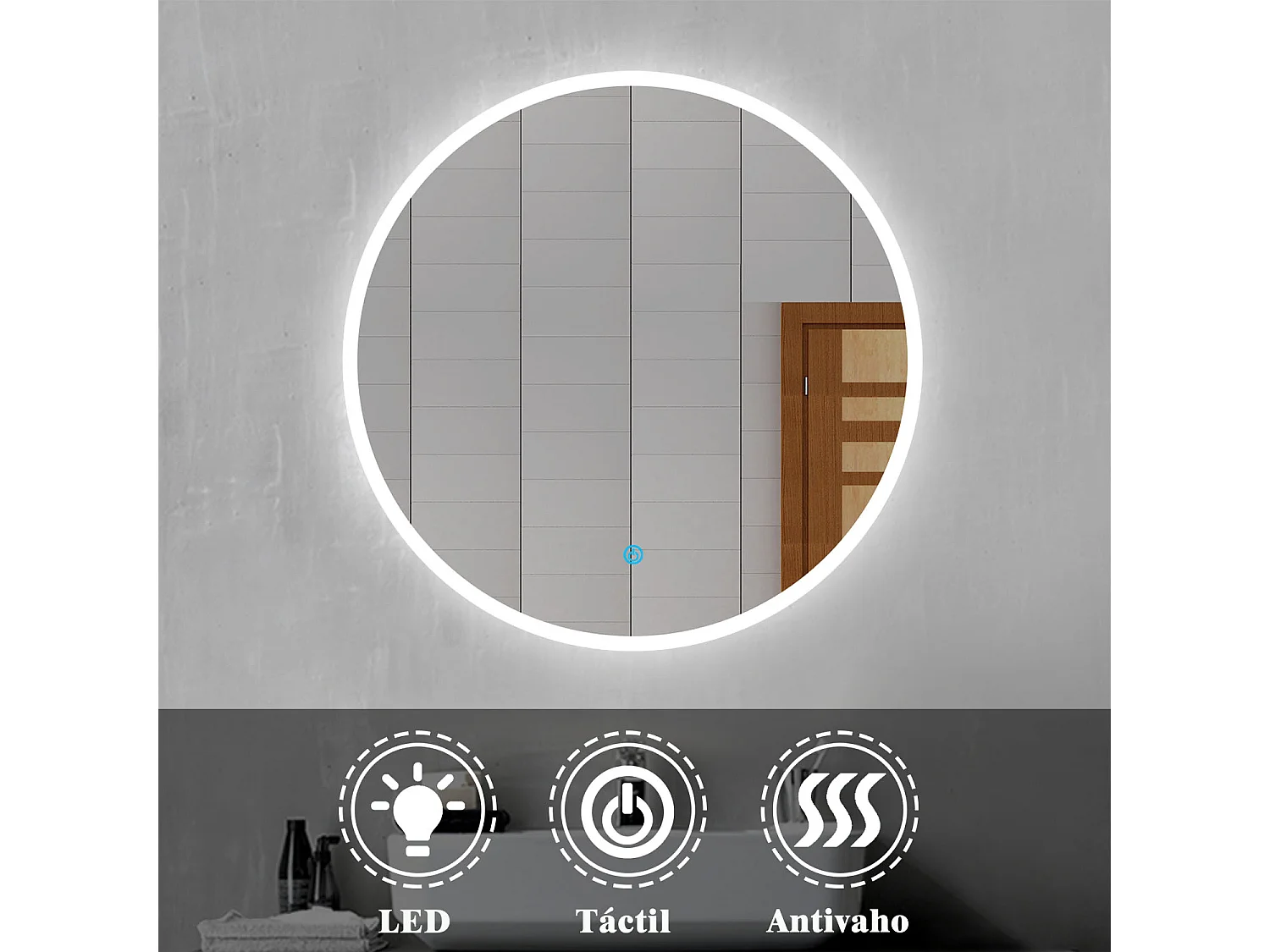 Aica Espejo redondo de baño LED 80cm,antivaho,interruptor táctil