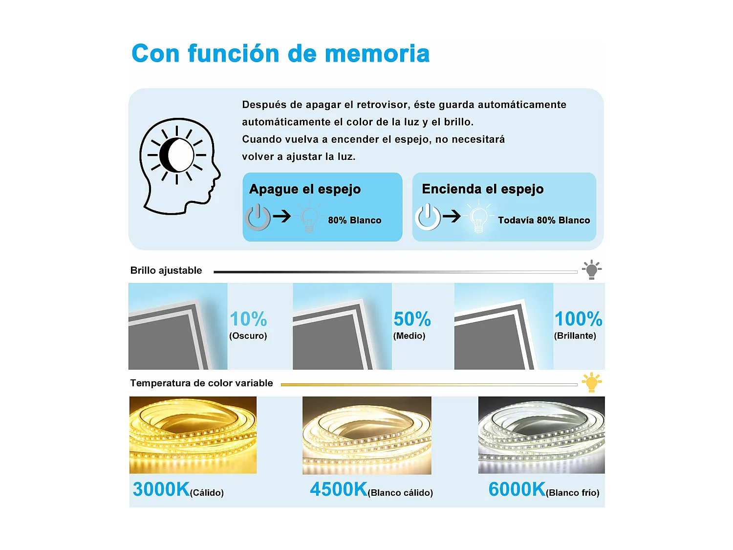 Aica Espejo de baño LED 120×70cm,Bluetooth,Antivaho