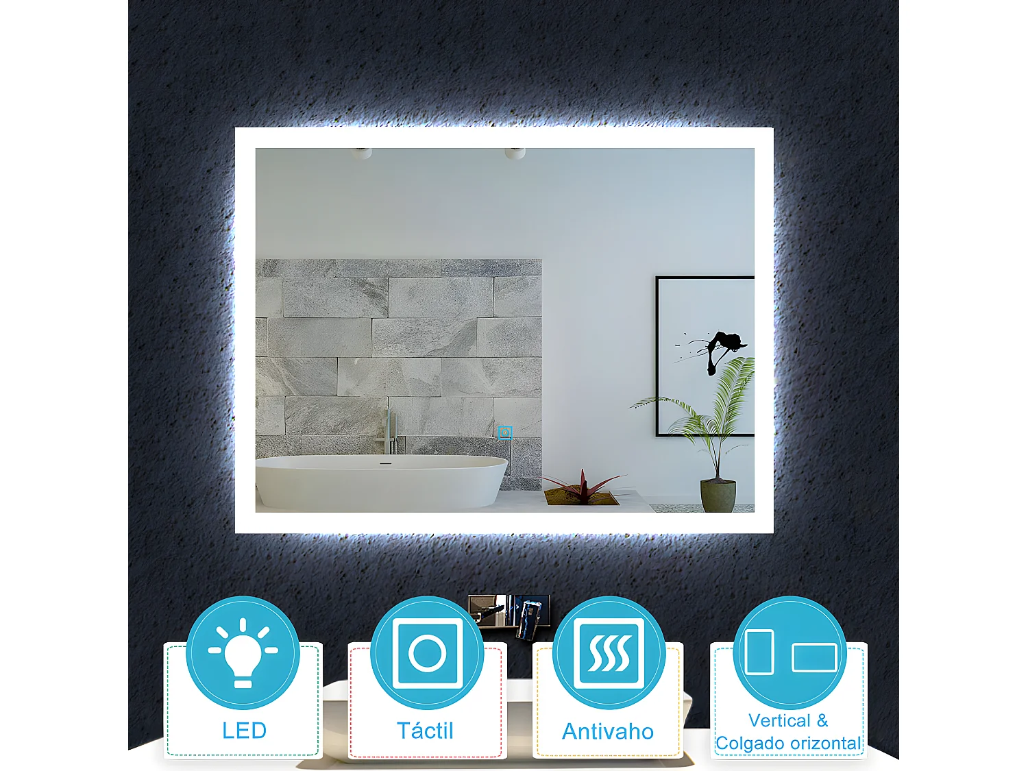 Aica Espejo de baño LED 60×50cm,antivaho,interruptor táctil