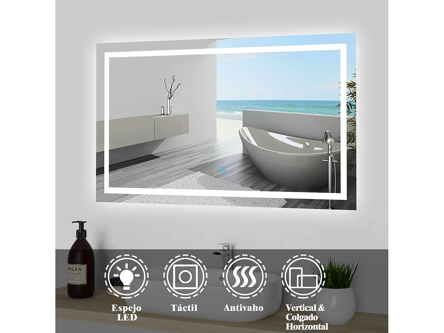 Aica Espejo de baño LED sin cobre 100×60cm,antivaho,interruptor táctil
