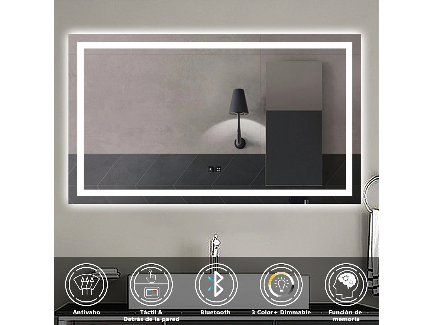 Aica Espejo de baño LED 140×80cm,Bluetooth,Regulación continua,Antivaho