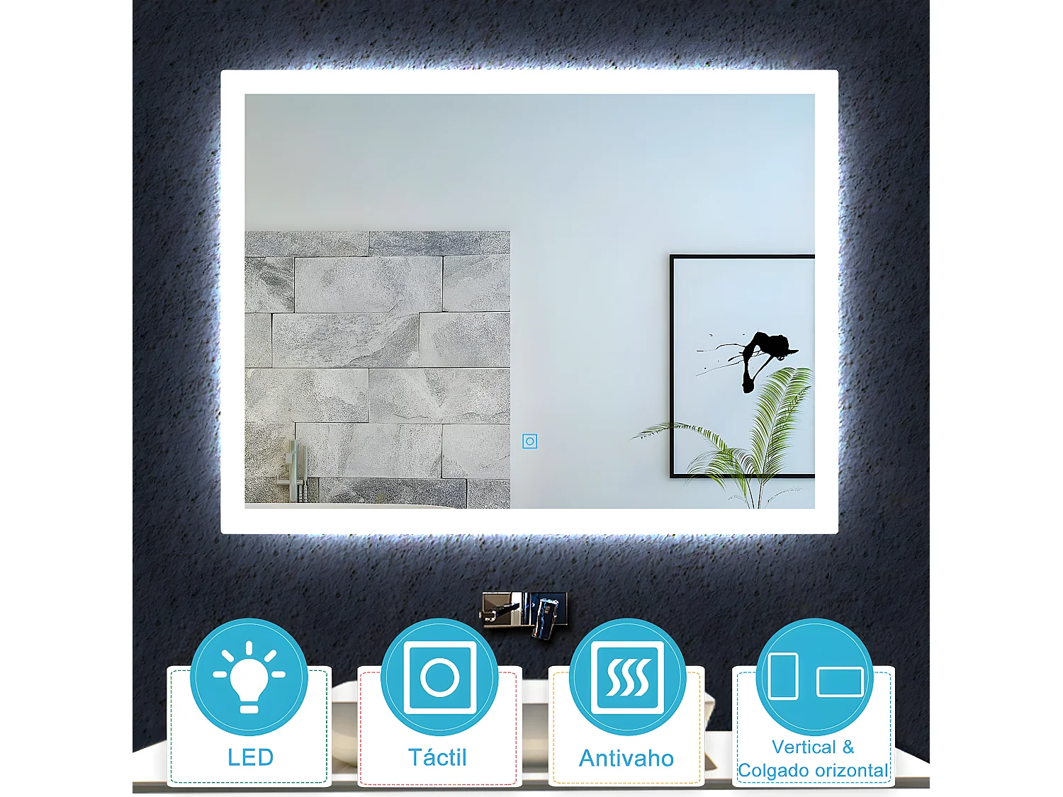 Aica Espejo de baño LED 80×60cm,antivaho,interruptor táctil