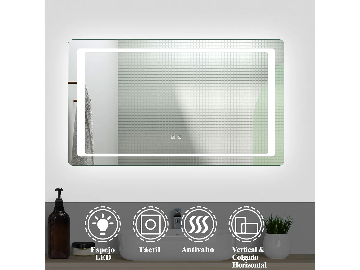 Aica Espejo de baño LED 120×70cm,antivaho,interruptor táctil