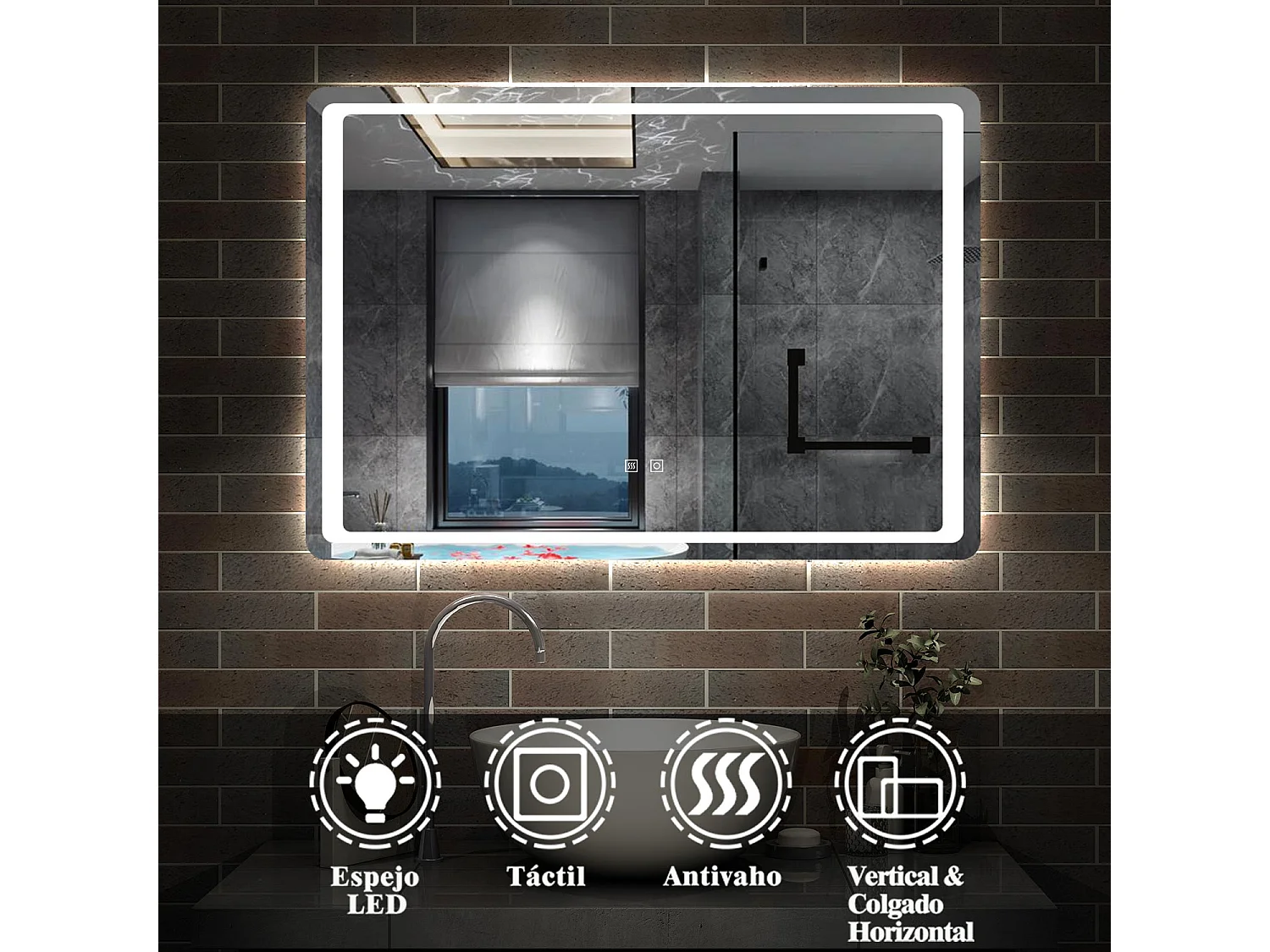 Aica Espejo de baño LED 100×70cm,antivaho,interruptor táctil