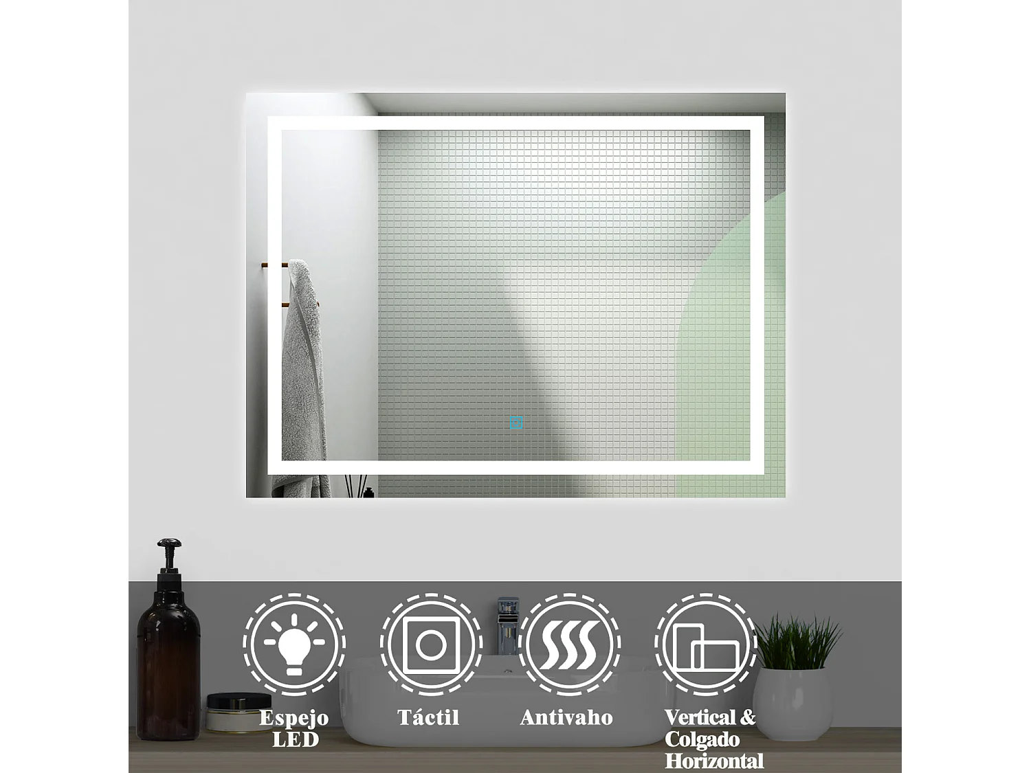 Aica Espejo de baño LED sin cobre 80×60cm,antivaho,interruptor táctil