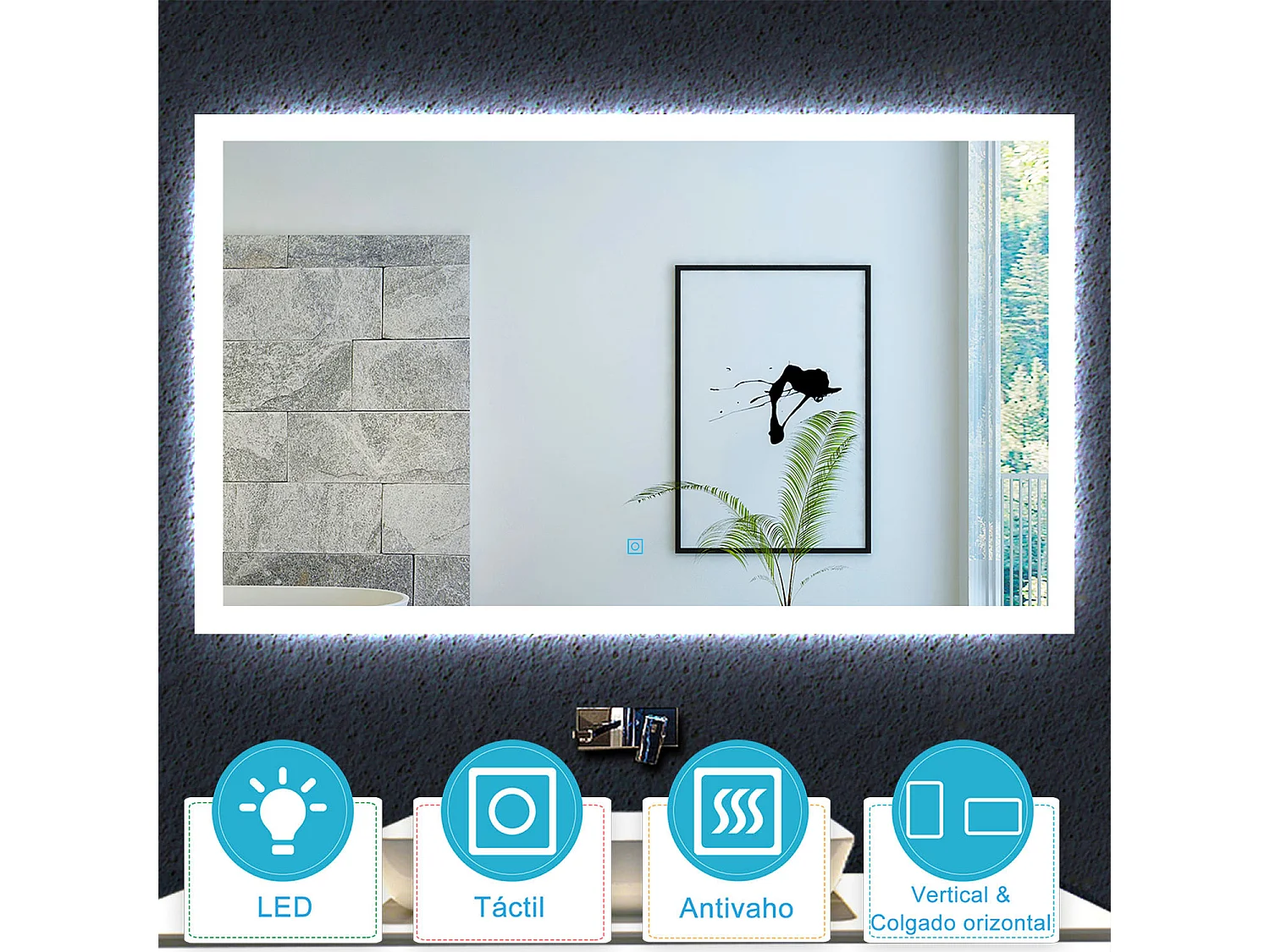 Aica Espejo de baño LED 100×60cm,antivaho,interruptor táctil