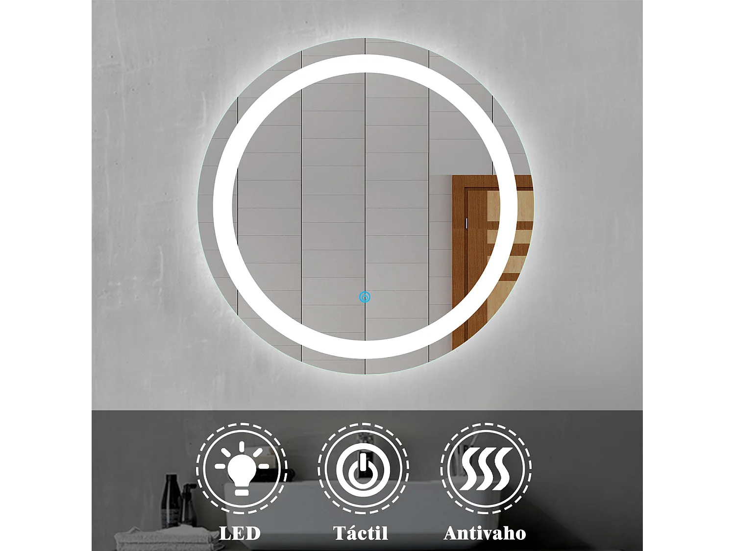 Aica Espejo de baño LED redondo 60cm,antivaho,interruptor táctil