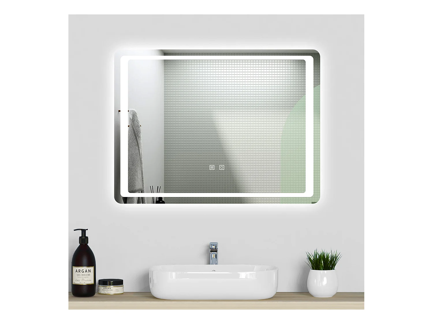 Aica Espejo de baño LED 90×65cm,antivaho,interruptor táctil