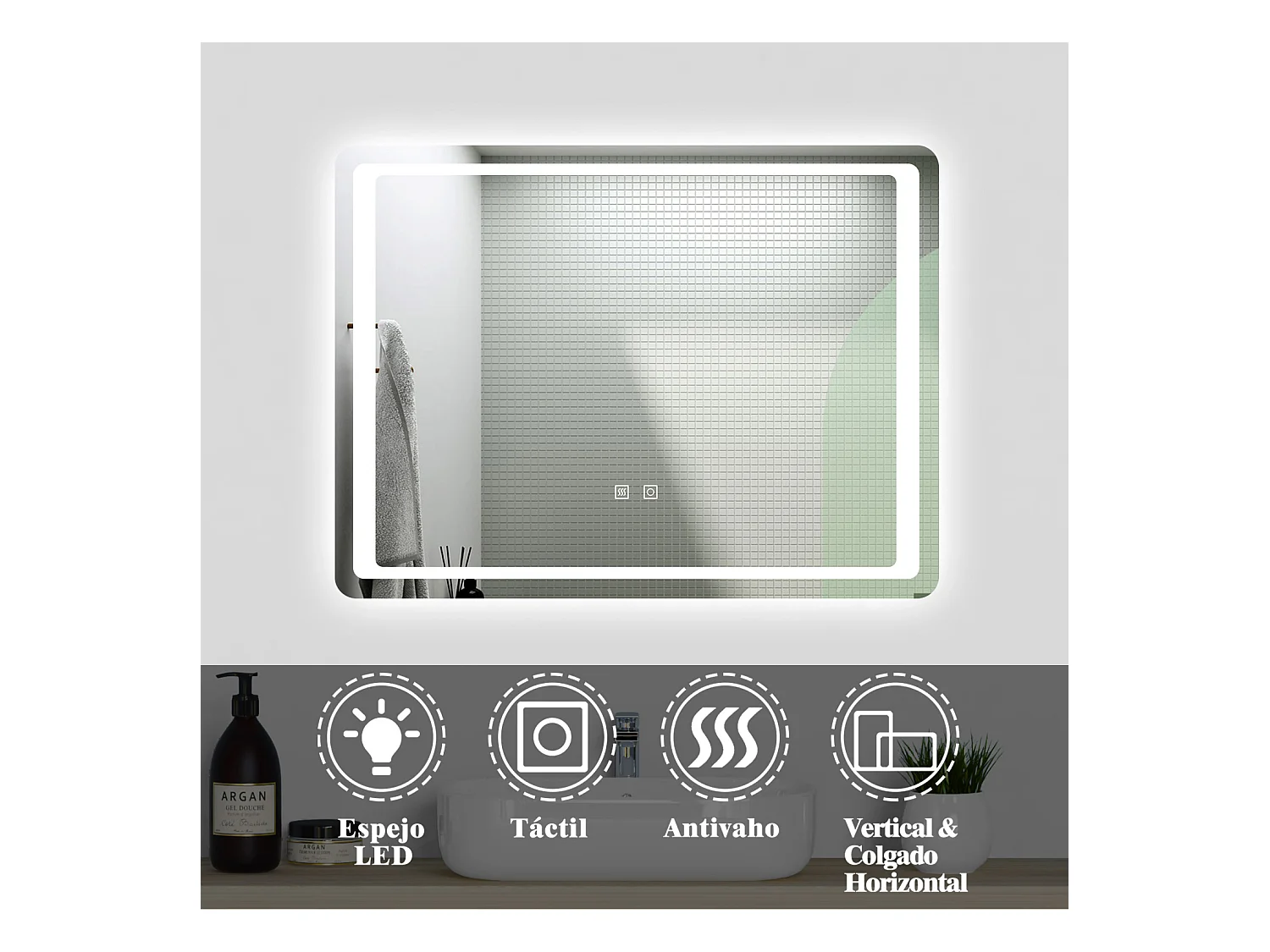 Aica Espejo de baño LED 90×65cm,antivaho,interruptor táctil