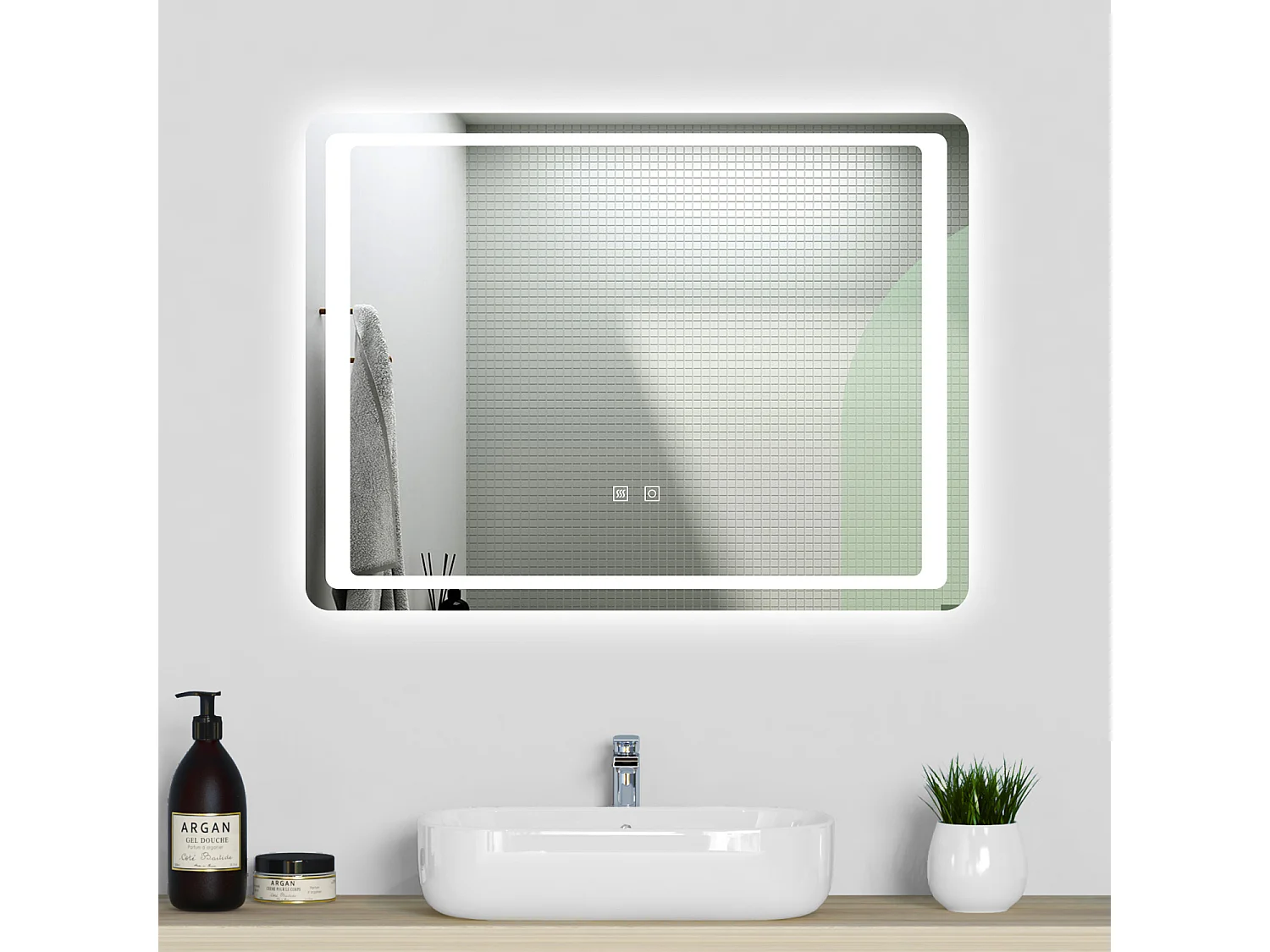 Aica Espejo de baño LED 90×65cm,antivaho,interruptor táctil