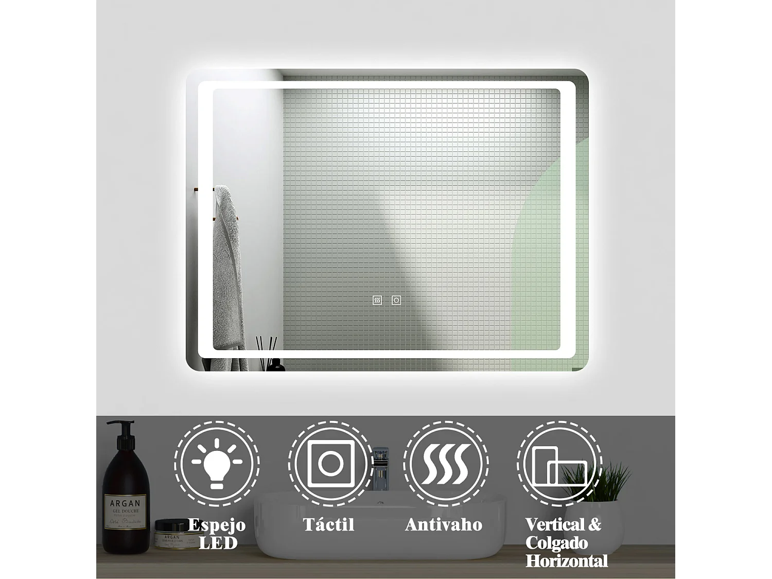 Aica Espejo de baño LED 90×65cm,antivaho,interruptor táctil