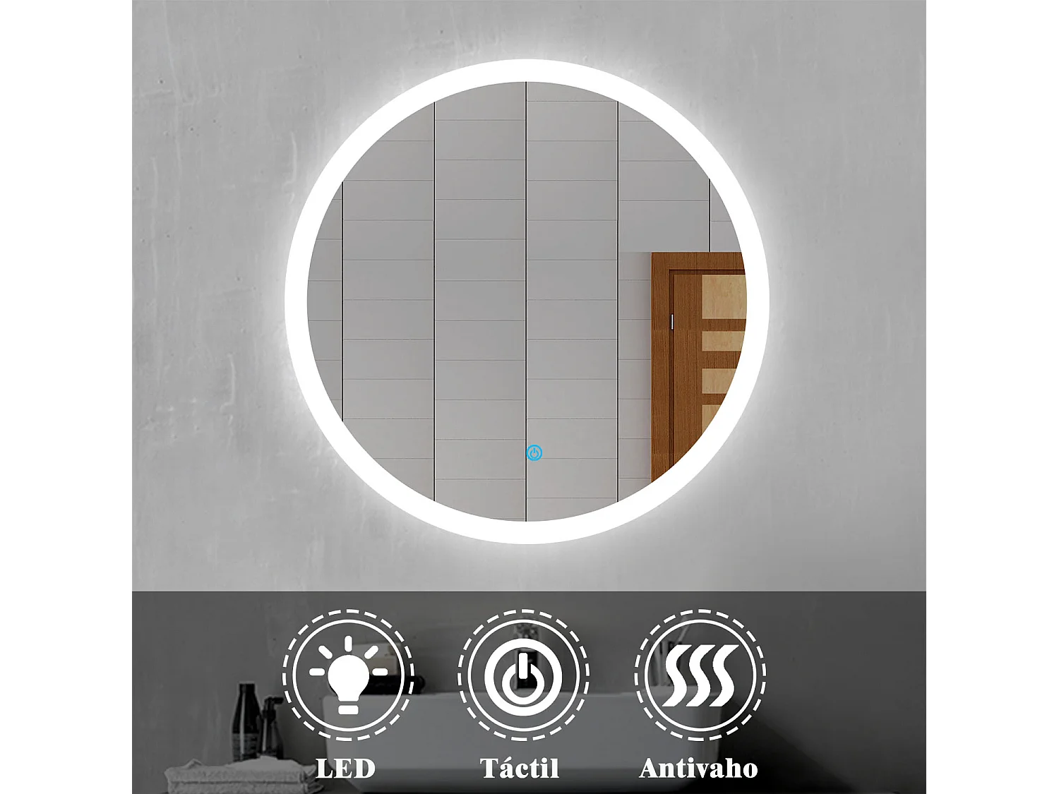 Aica Espejo de baño LED redondo 60cm,interruptor táctil,antivaho