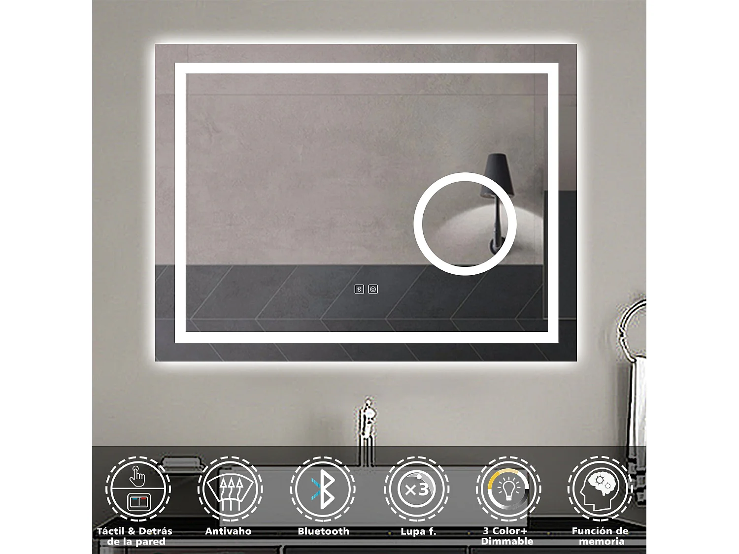 Aica Espejo de baño LED 80×60cm,Espejo de aumento,Bluetooth