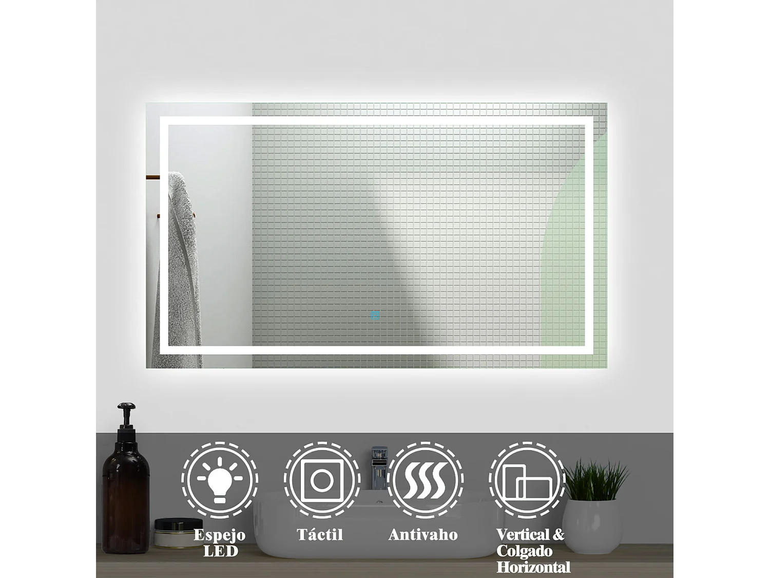 Aica Espejo de baño LED sin cobre 140×80cm,antivaho,interruptor táctil